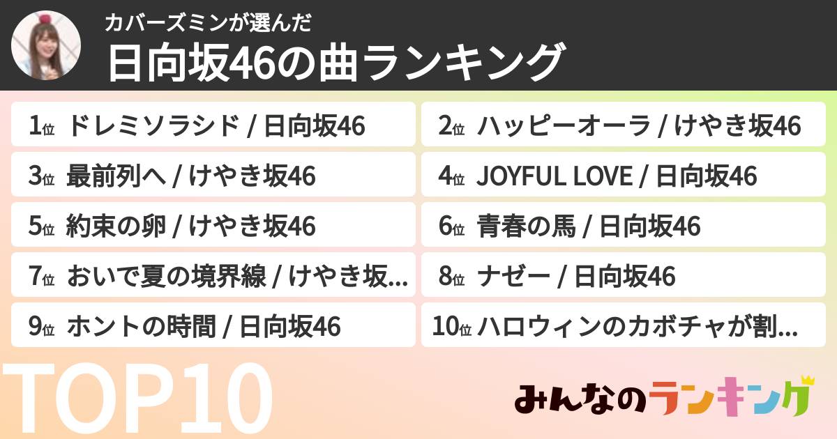 カバーズミンさんの「日向坂46の曲ランキング」