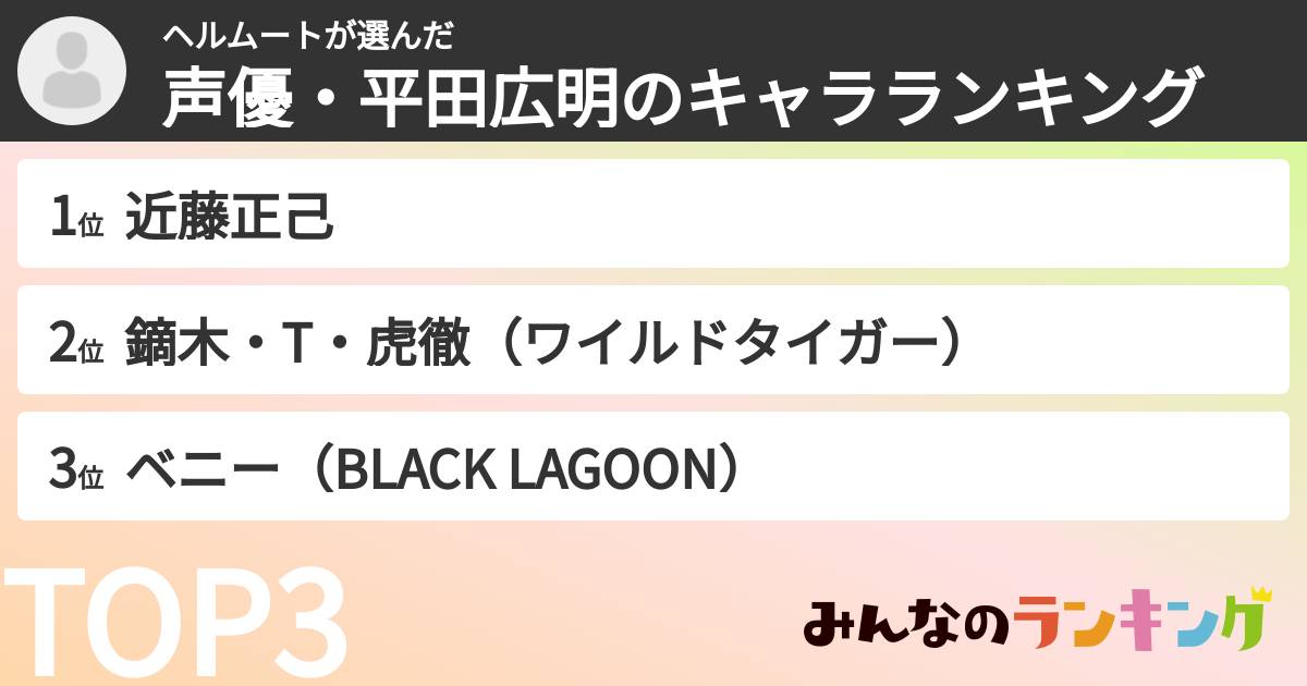 ヘルムートさんの「声優・平田広明のキャラランキング」