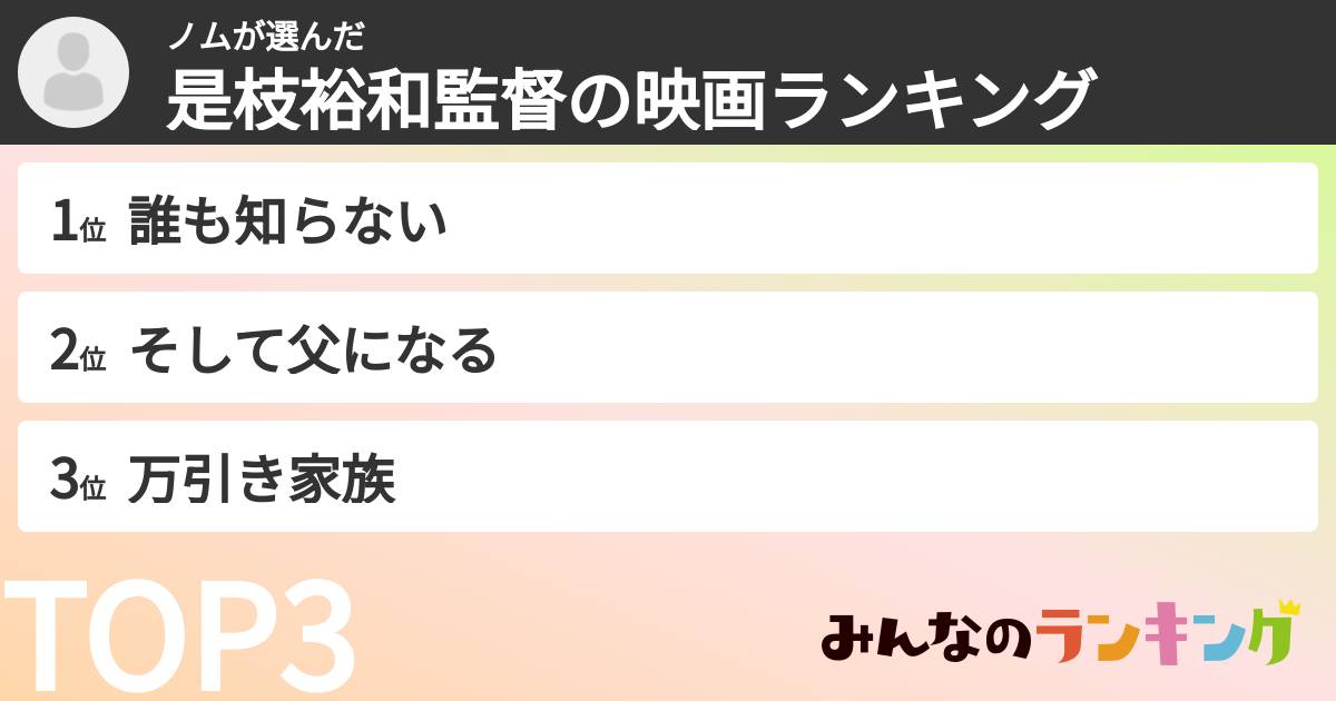 ノムさんの「是枝裕和監督の映画ランキング」