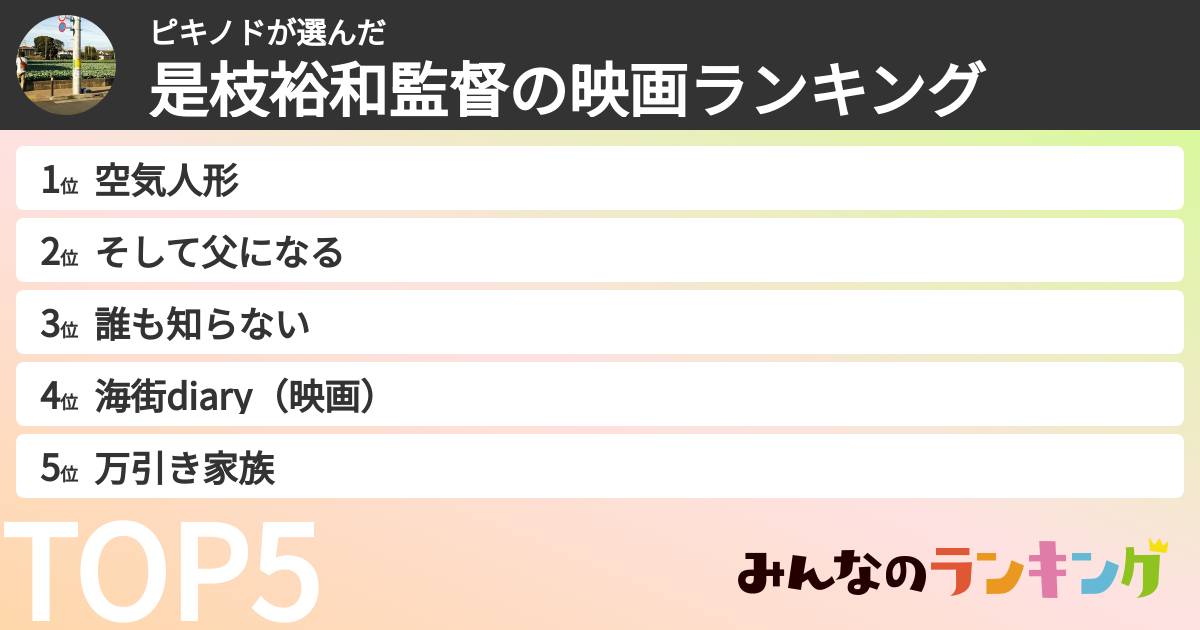 ピキノドさんの「是枝裕和監督の映画ランキング」