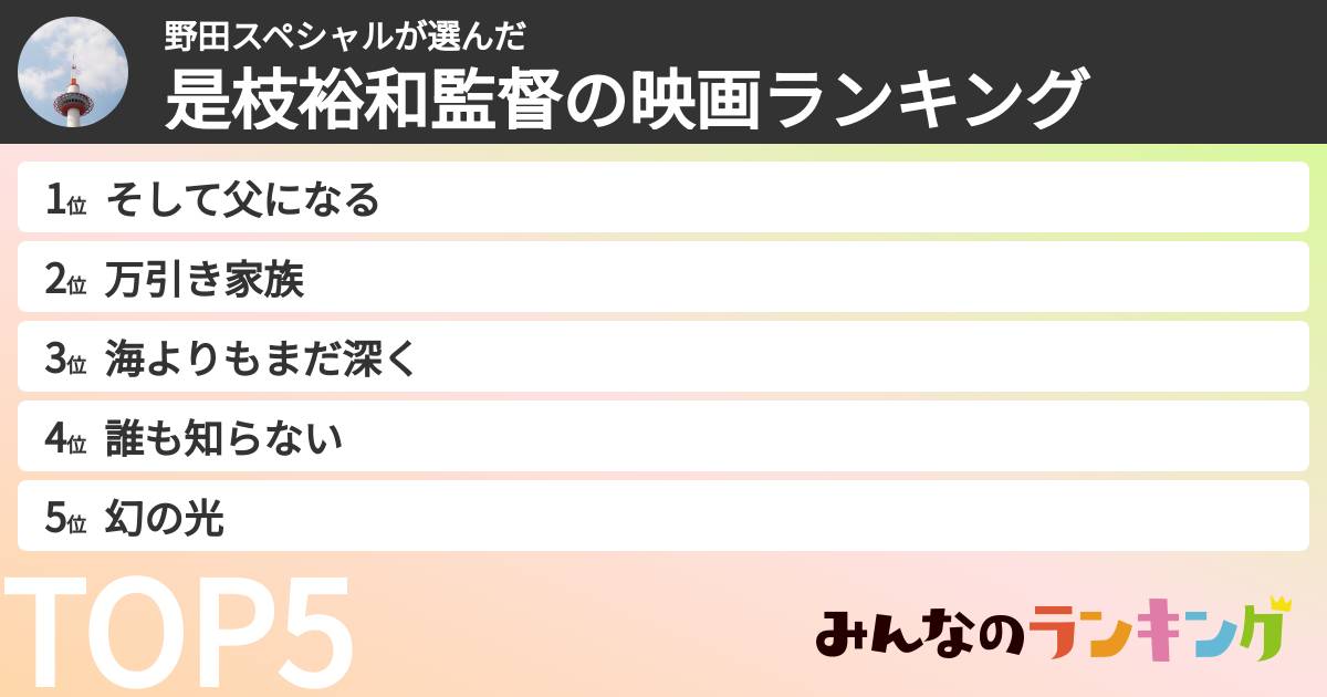 野田スペシャルさんの「是枝裕和監督の映画ランキング」