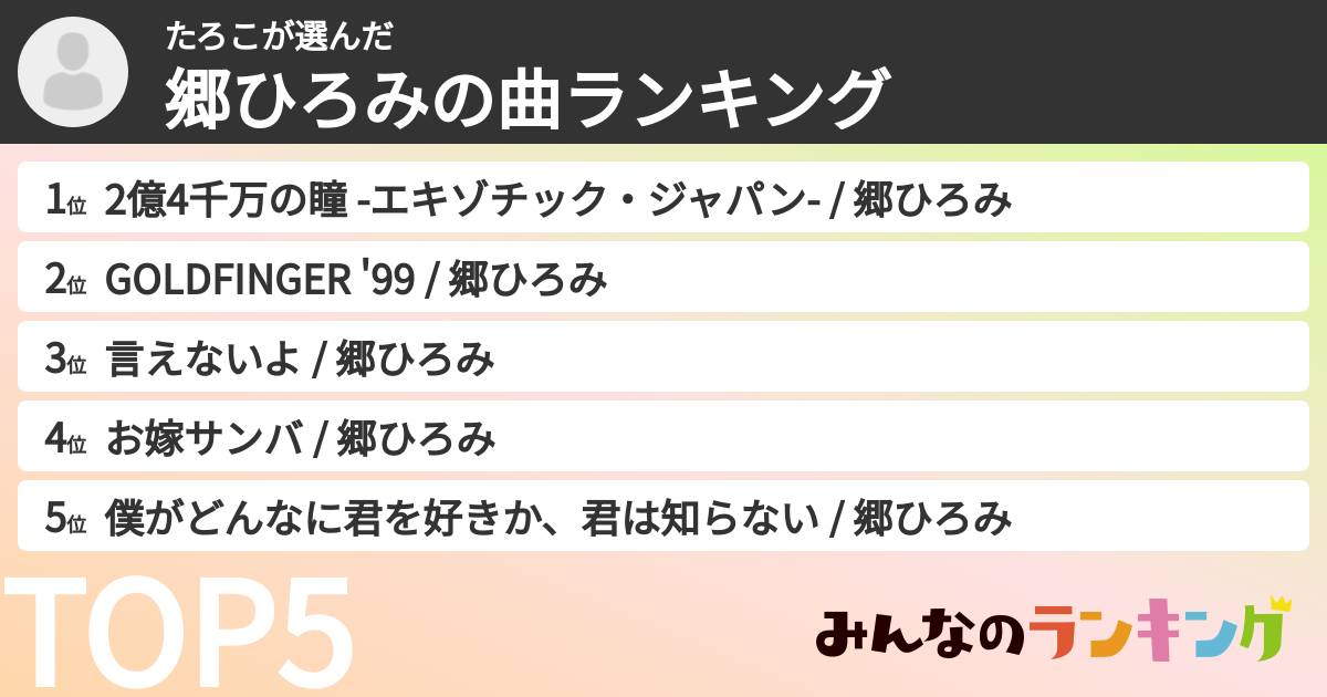たろこさんの「郷ひろみの曲ランキング」