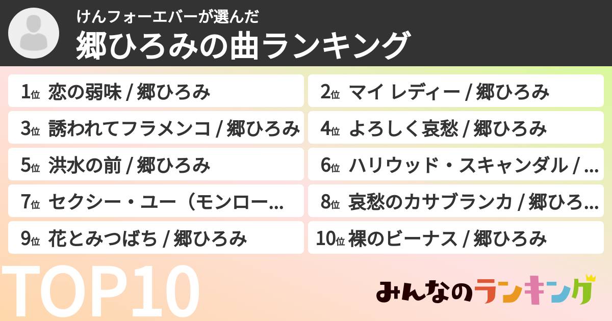 けんフォーエバーさんの「郷ひろみの曲ランキング」