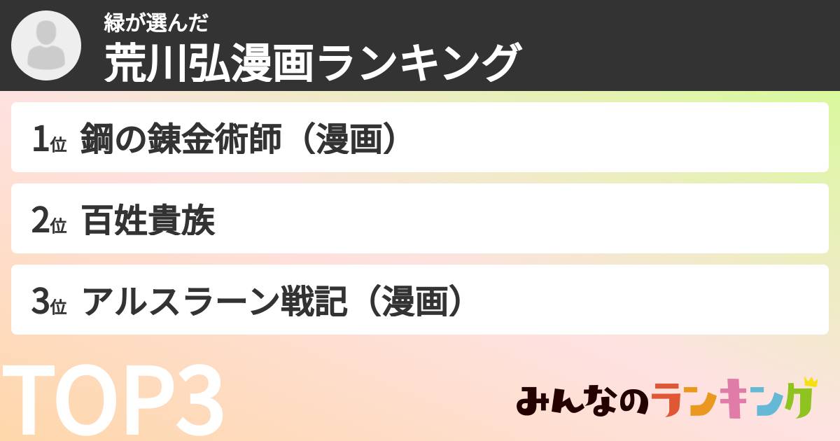 緑さんの「荒川弘漫画ランキング」
