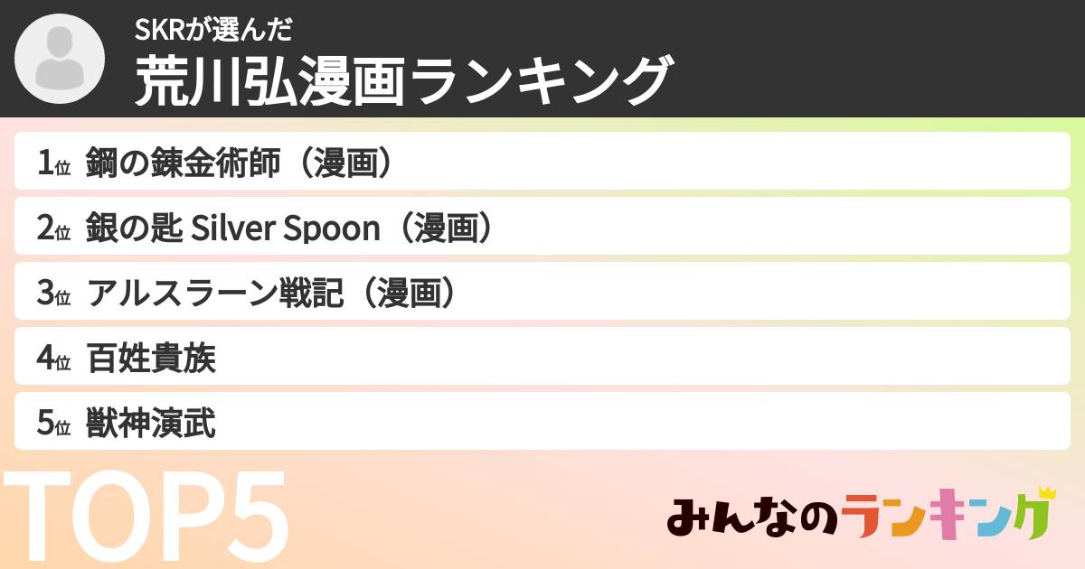 SKRさんの「荒川弘漫画ランキング」