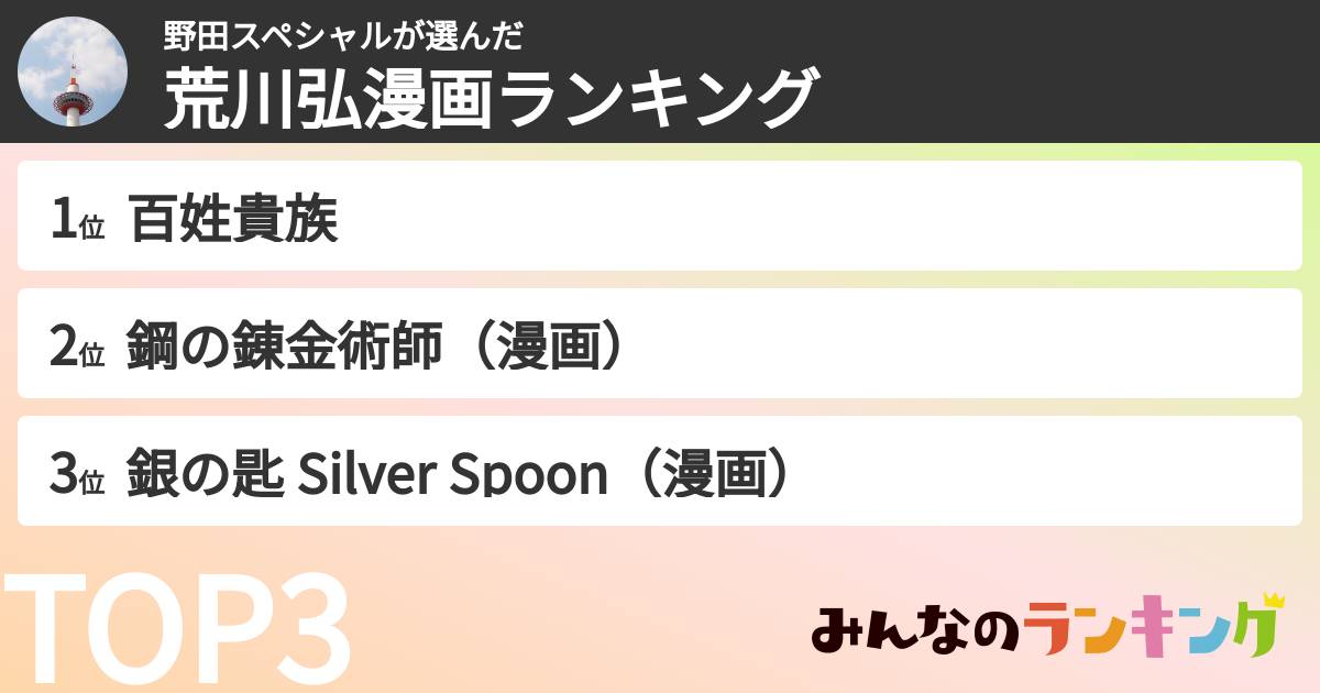 野田スペシャルさんの「荒川弘漫画ランキング」