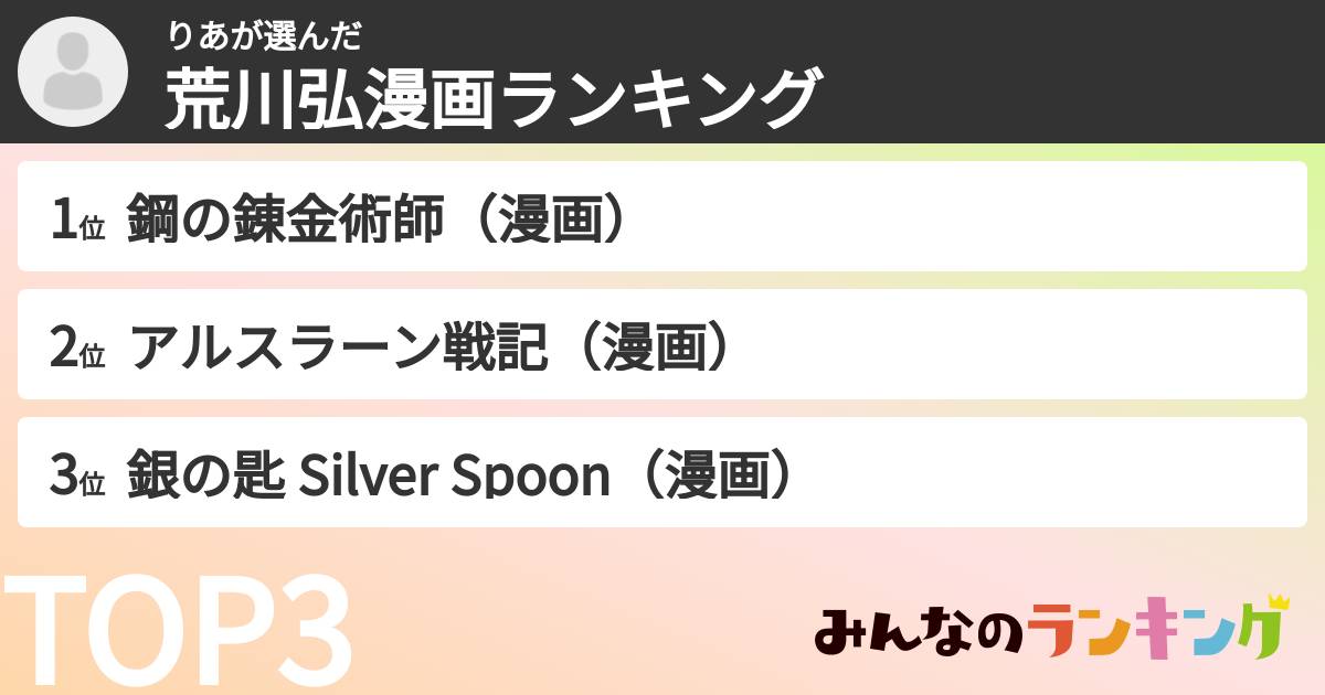 りあさんの「荒川弘漫画ランキング」