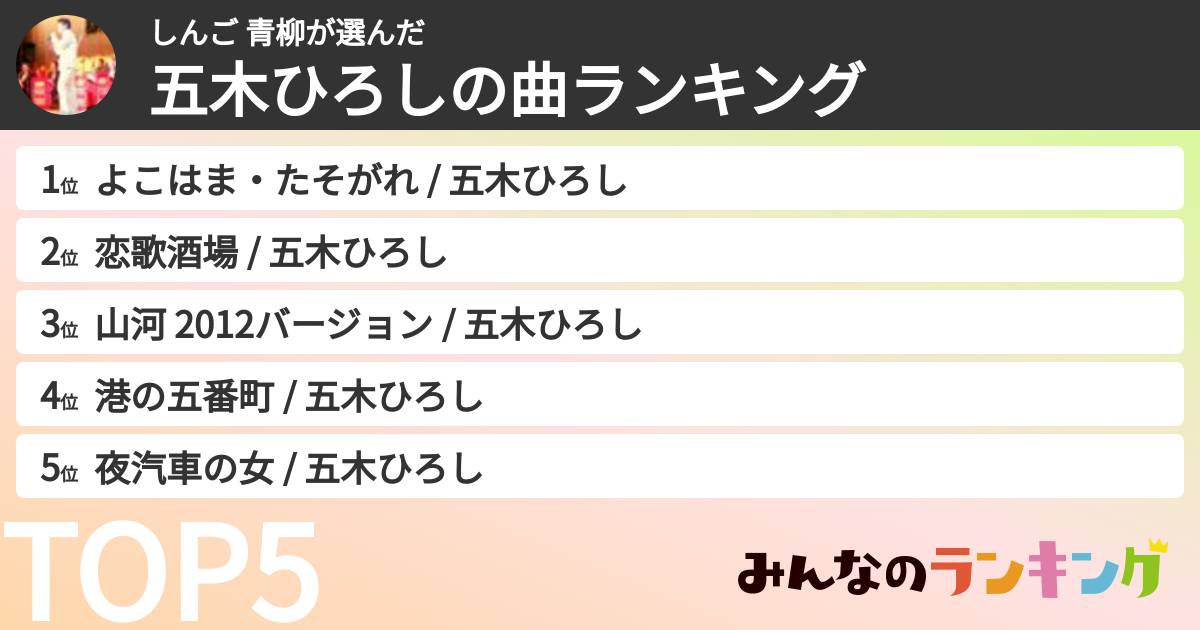 しんご 青柳さんの「五木ひろしの曲ランキング」