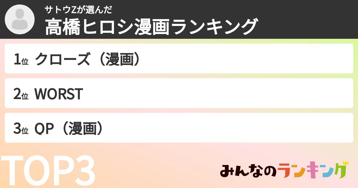 サトウZさんの「高橋ヒロシ漫画ランキング」