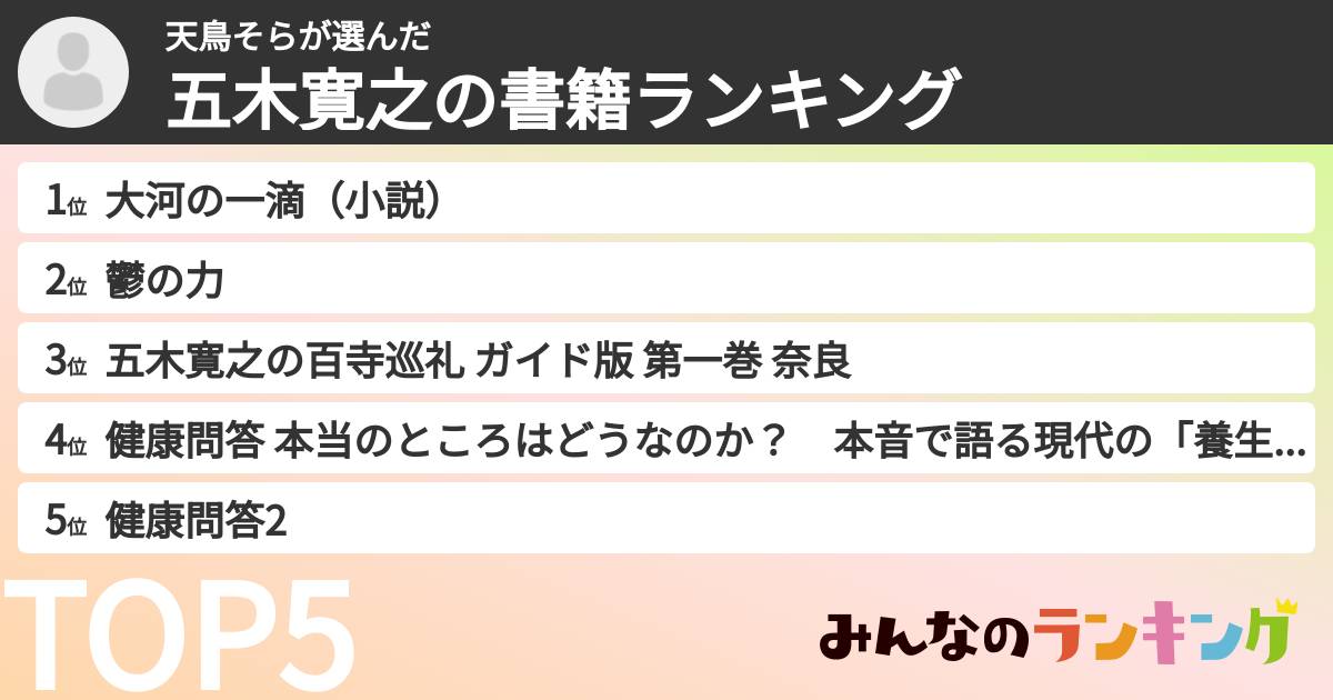 天鳥そらさんの「五木寛之の書籍ランキング」