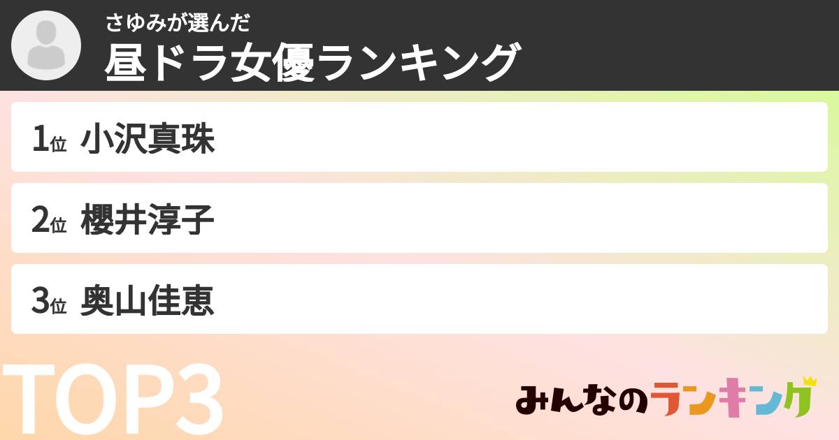 さゆみさんの「昼ドラ女優ランキング」