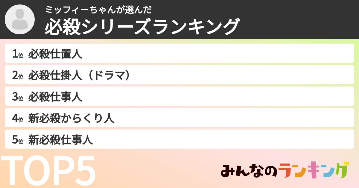 ミッフィーちゃんさんの「必殺シリーズランキング」