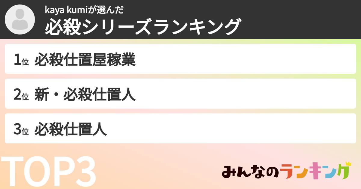 kaya kumiさんの「必殺シリーズランキング」