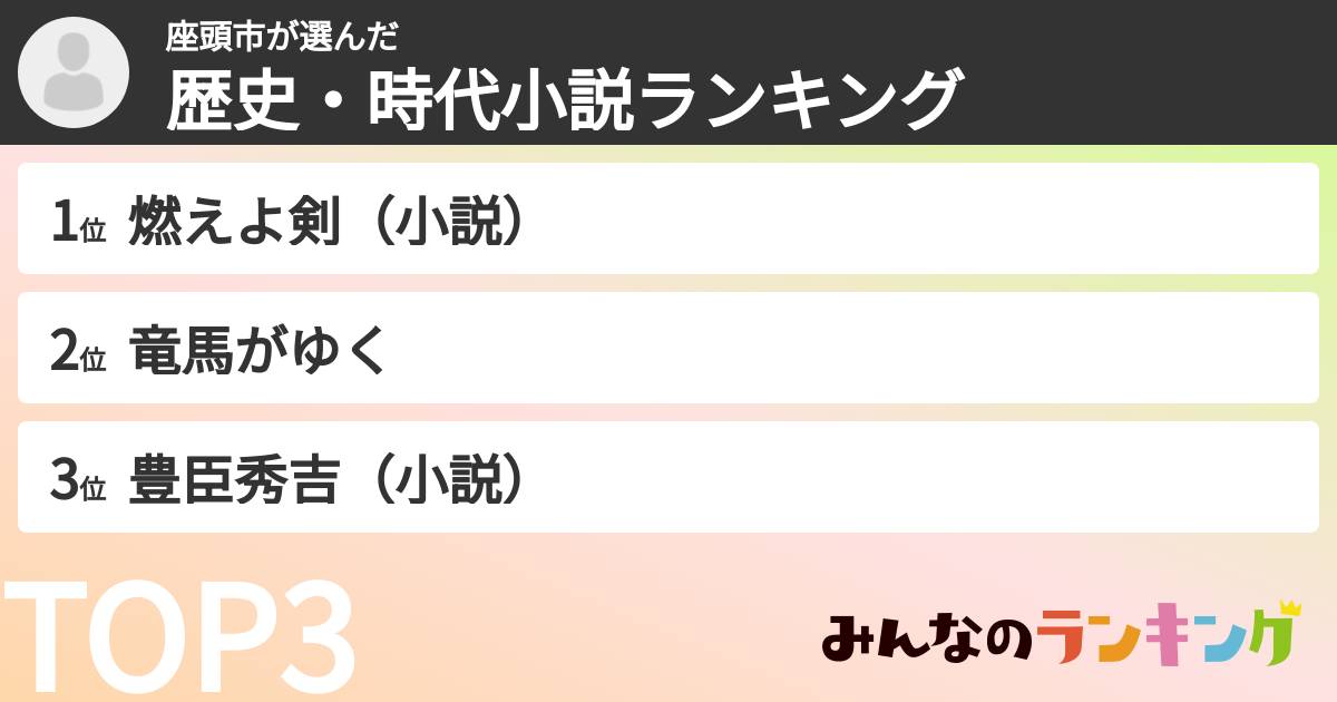 座頭市さんの「歴史・時代小説ランキング」