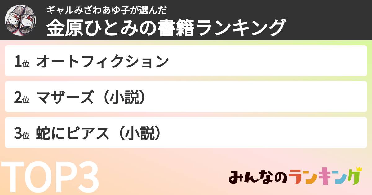 ギャルみざわあゆ子さんの「金原ひとみの書籍ランキング」