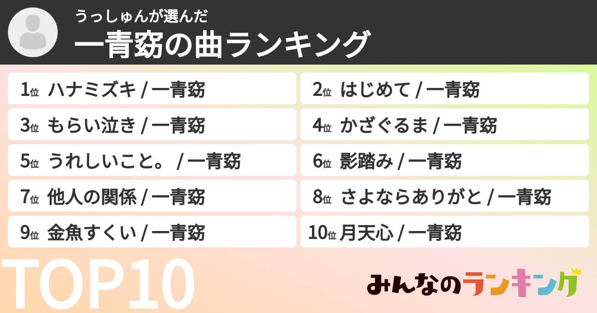 うっしゅんさんの「一青窈の曲ランキング」