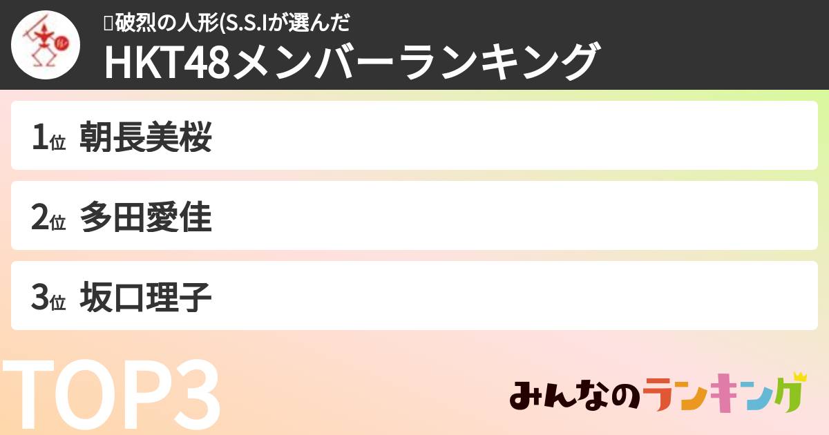 🍑破烈の人形(S.S.Iさんの「HKT48メンバーランキング」