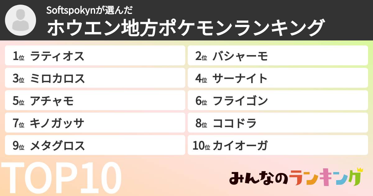 Softspokynさんの「ホウエン地方ポケモンランキング」