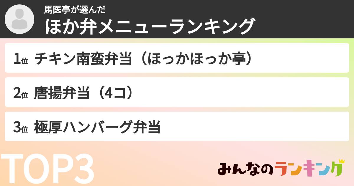 馬医亭さんの「ほか弁メニューランキング」