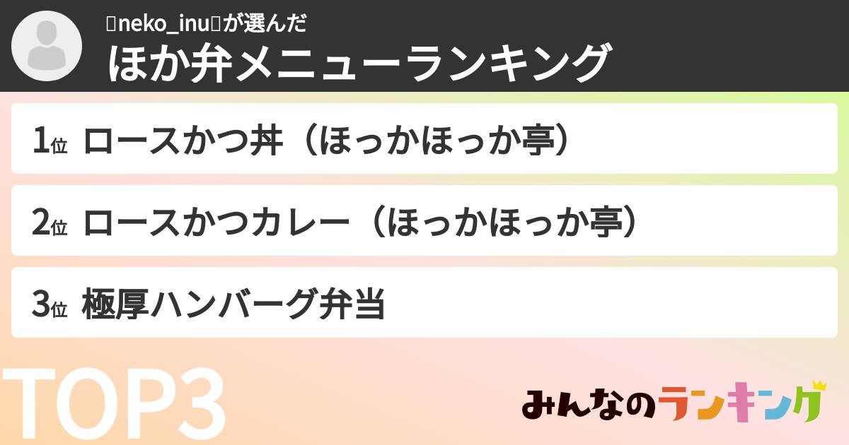 🐈neko_inu🐩さんの「ほか弁メニューランキング」