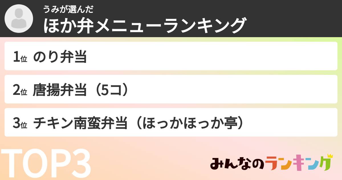 うみさんの「ほか弁メニューランキング」