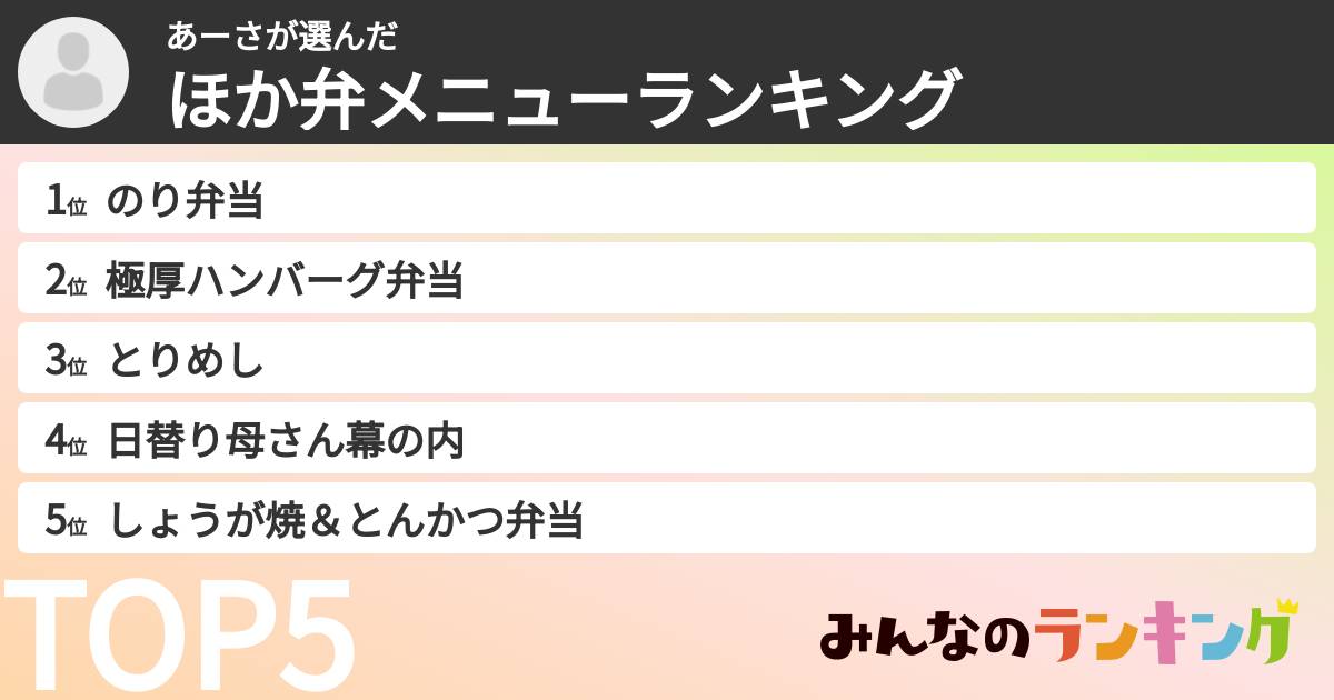 あーささんの「ほか弁メニューランキング」
