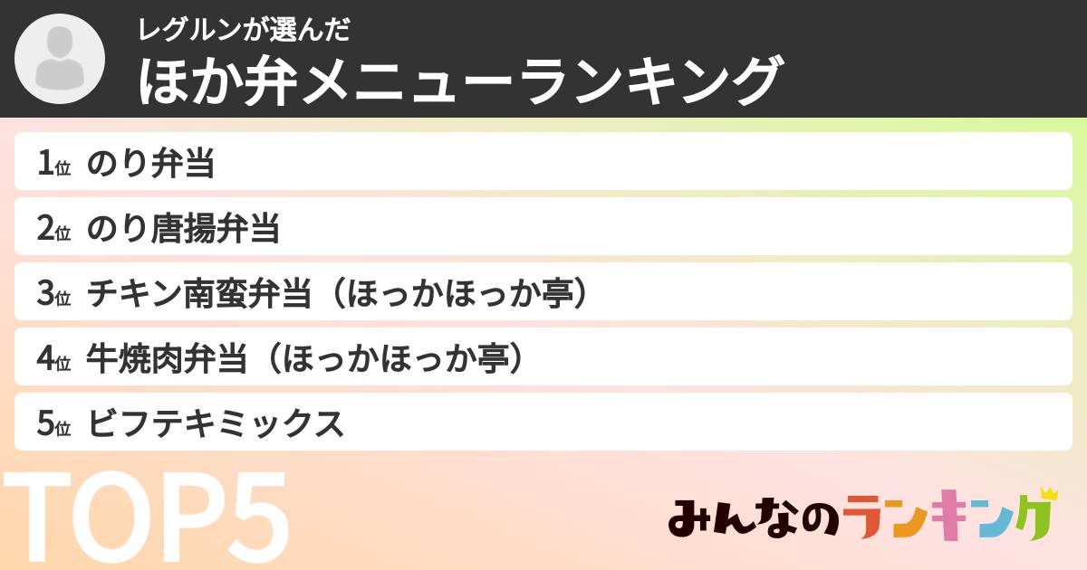 レグルンさんの「ほか弁メニューランキング」