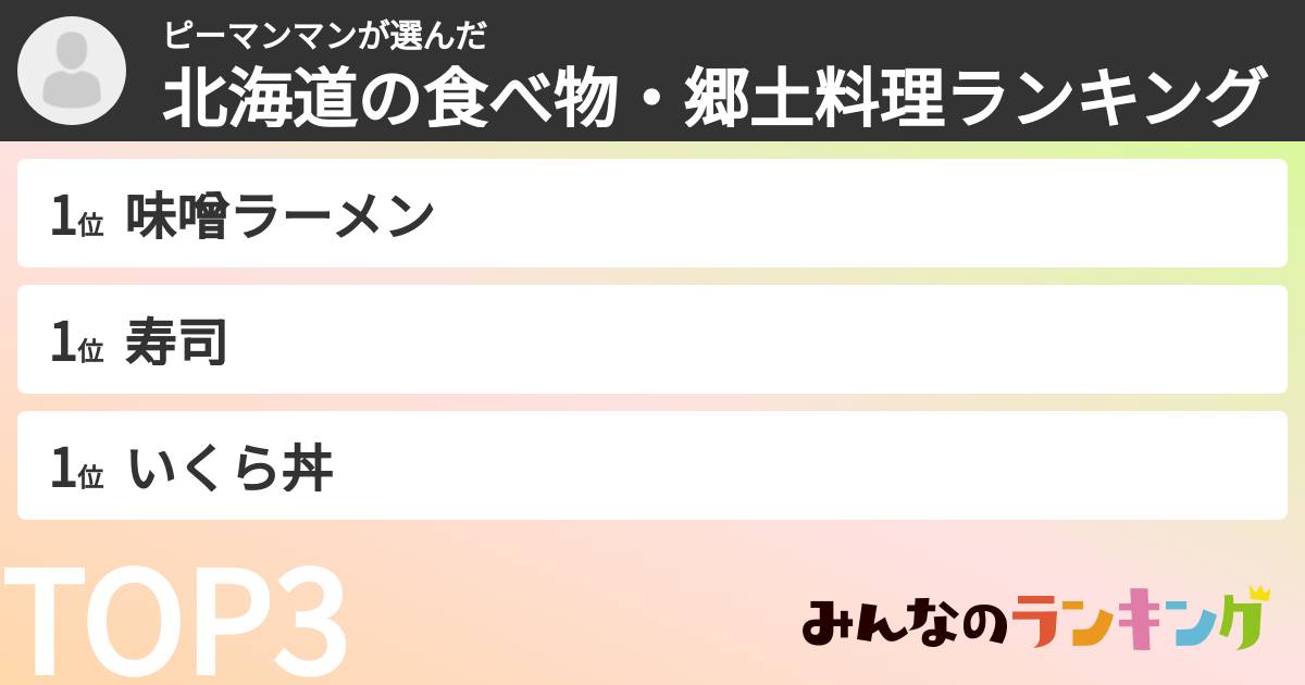 ピーマンマンさんの「北海道の食べ物・郷土料理ランキング」
