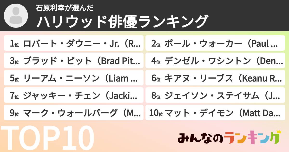 石原利幸さんの「ハリウッド俳優ランキング」
