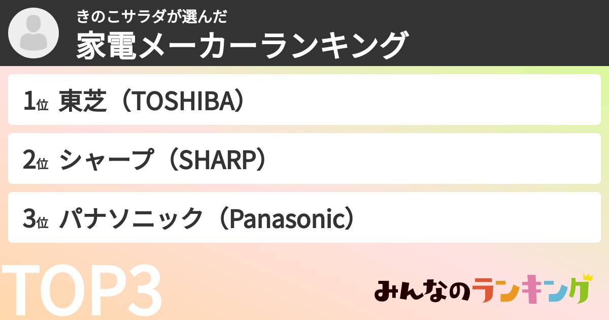 きのこサラダさんの「家電メーカーランキング」