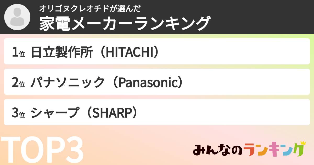 オリゴヌクレオチドさんの「家電メーカーランキング」