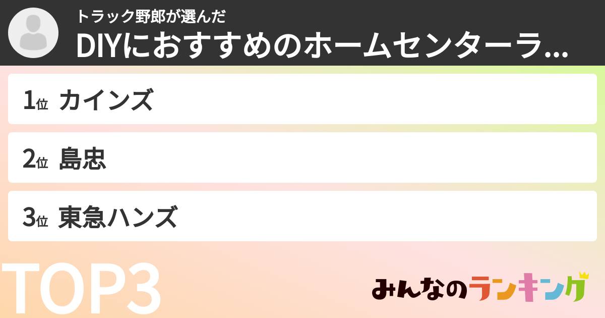 トラック野郎さんの「DIYにおすすめのホームセンターランキング」