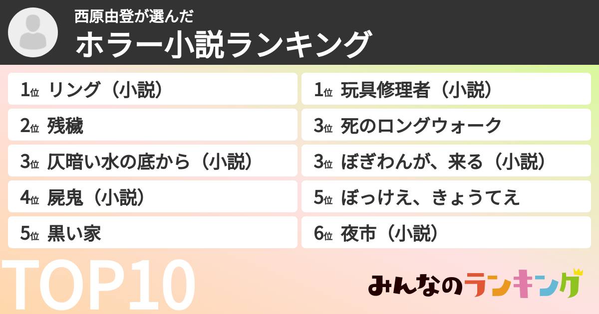 西原由登さんの「ホラー小説ランキング」