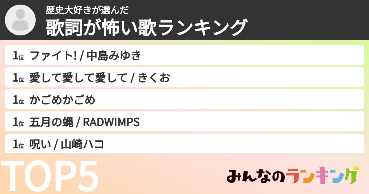 歴史大好きさんの「歌詞が怖い歌ランキング」
