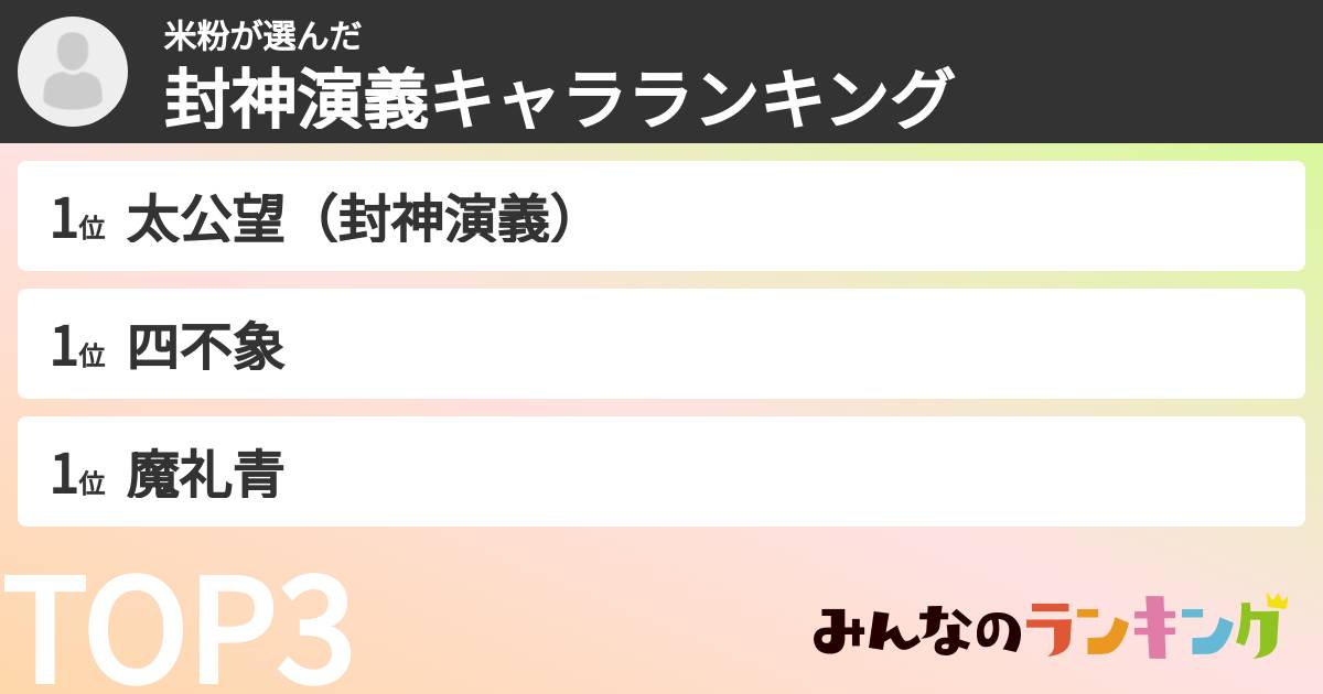 米粉さんの「封神演義キャラランキング」