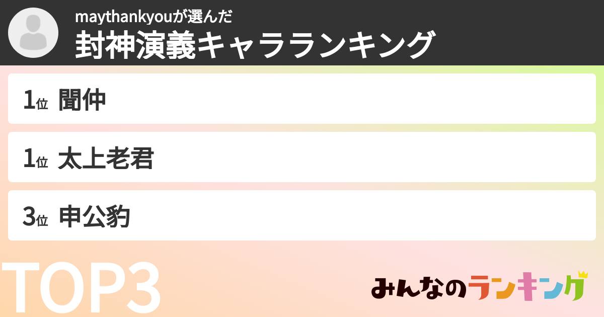 maythankyouさんの「封神演義キャラランキング」