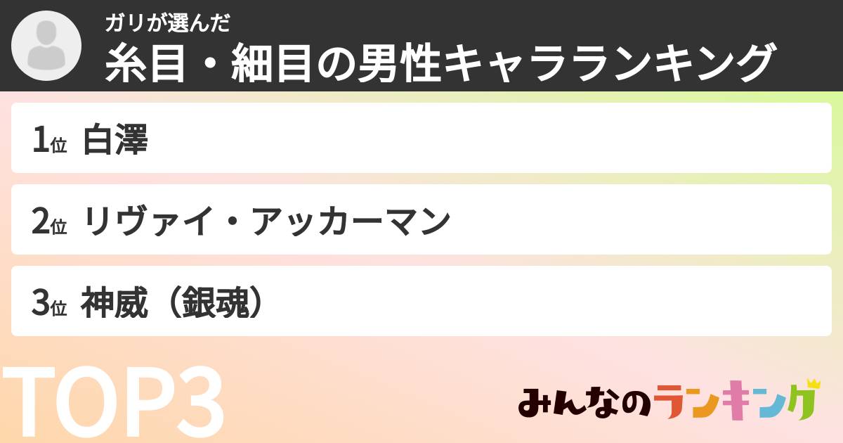 ガリさんの「糸目・細目の男性キャラランキング」