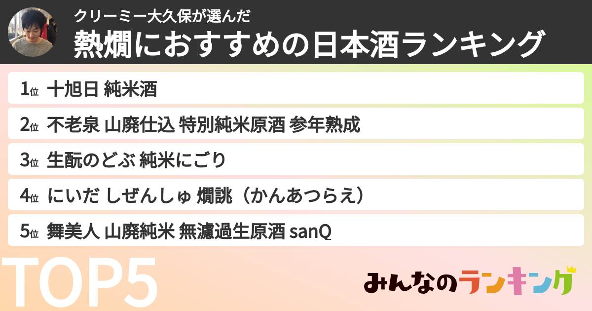 クリーミー大久保さんの「熱燗におすすめの日本酒ランキング」