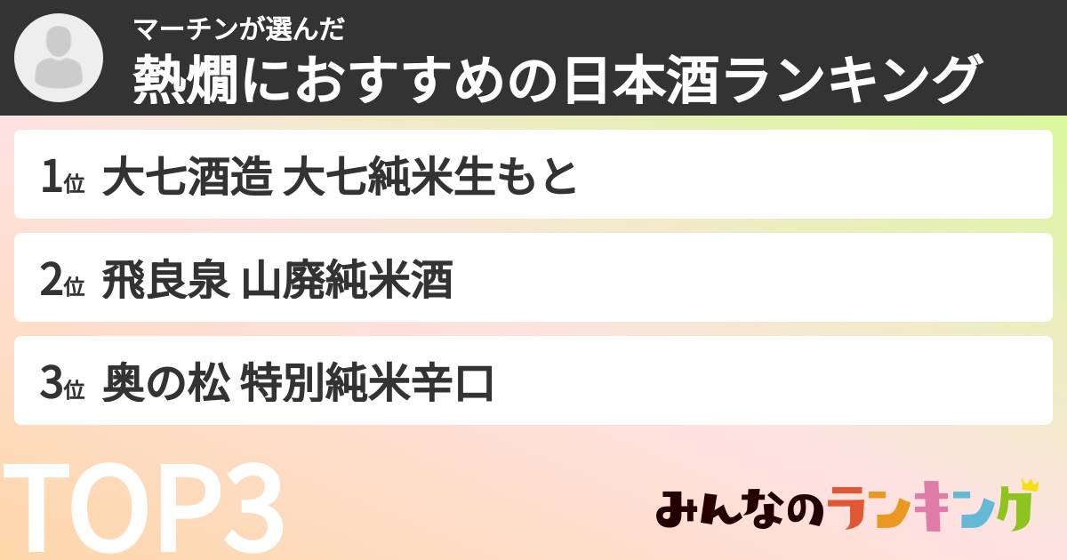 マーチンさんの「熱燗におすすめの日本酒ランキング」