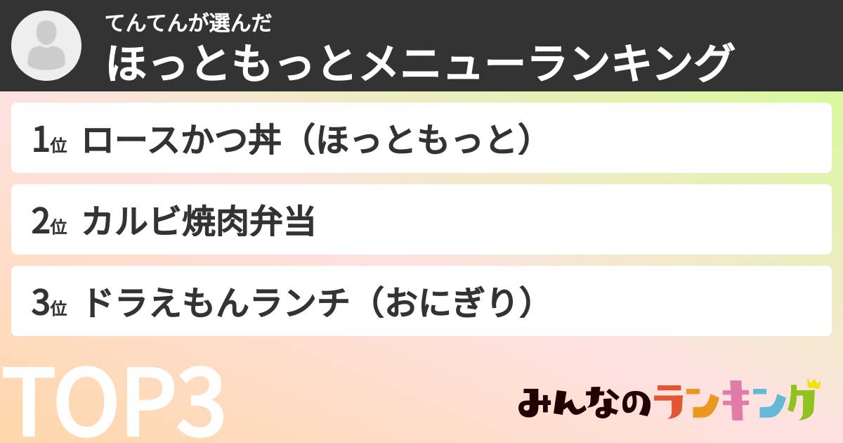てんてんさんの「ほっともっとメニューランキング」