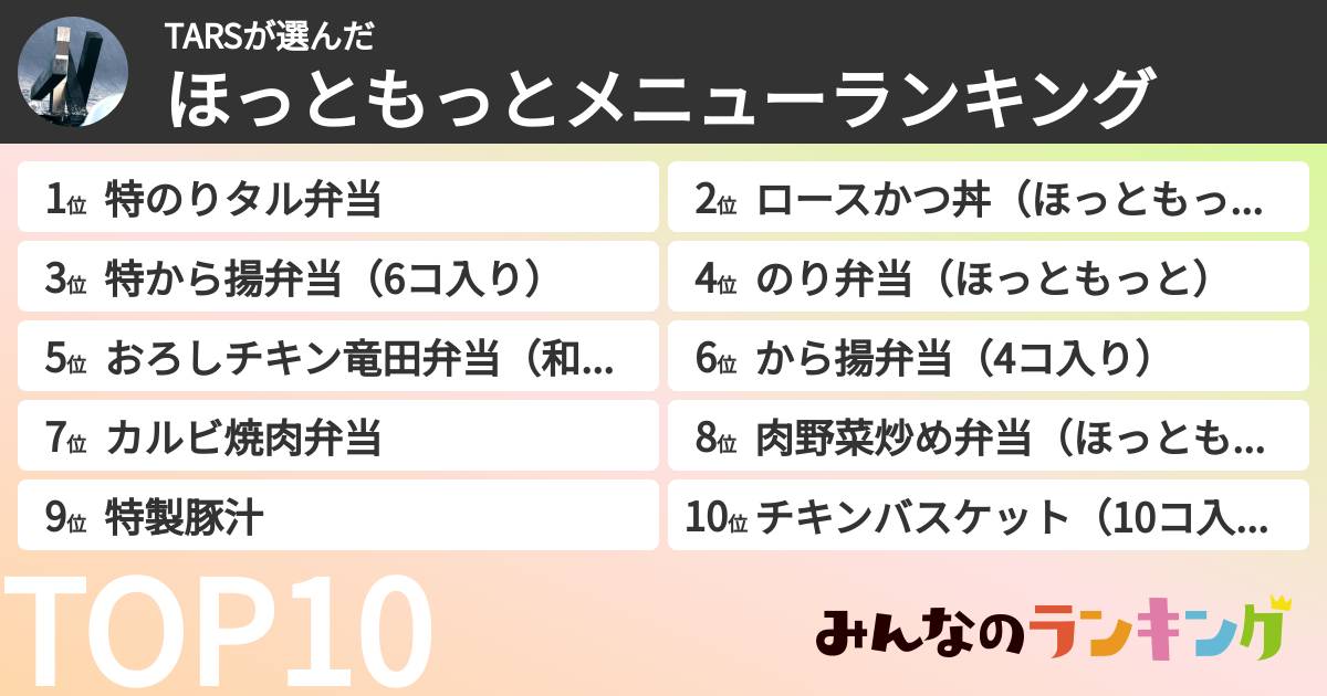 TARSさんの「ほっともっとメニューランキング」