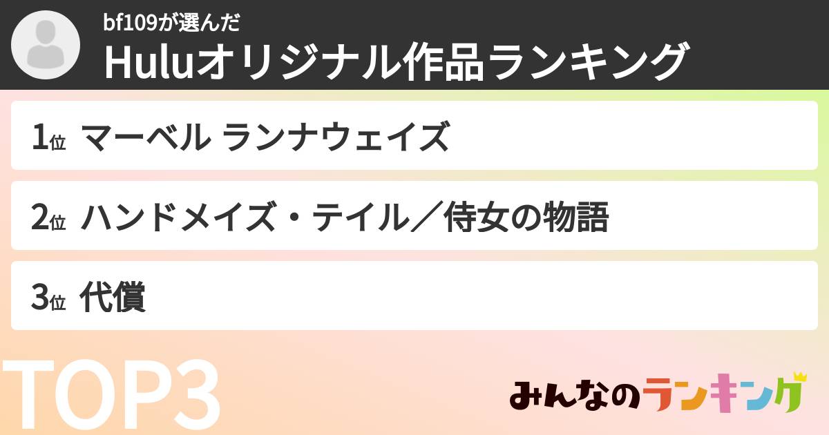 bf109さんの「Huluオリジナル作品ランキング」
