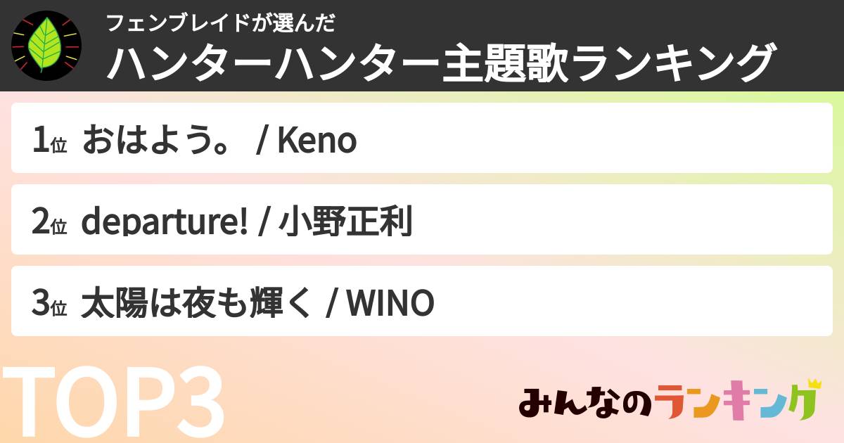 フェンブレイドさんの「ハンターハンター主題歌ランキング」