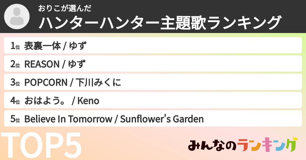 おりこさんの「ハンターハンター主題歌ランキング」
