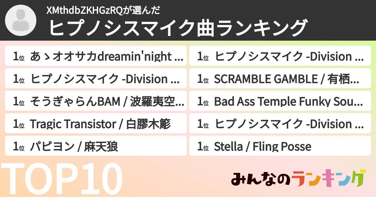 XMthdbZKHGzRQさんの「ヒプノシスマイク曲ランキング」