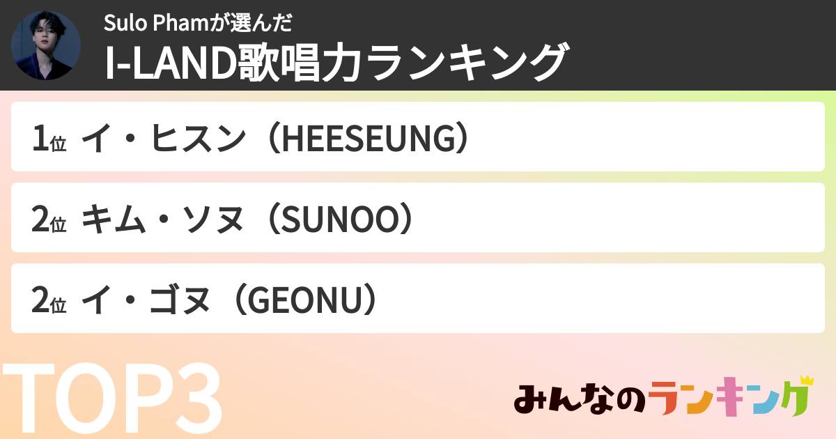 Sulo Phamさんの「I-LAND歌唱力ランキング」
