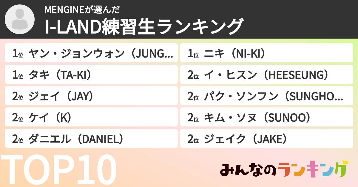 MENGINEさんの「I-LAND練習生ランキング」