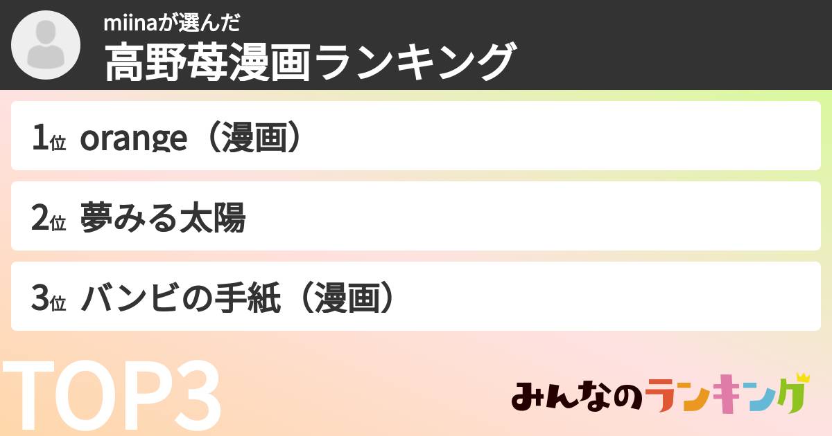 miinaさんの「高野苺漫画ランキング」