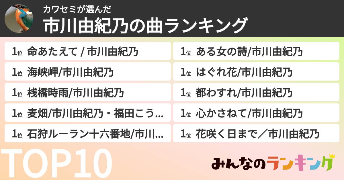 カワセミさんの「市川由紀乃の曲ランキング」