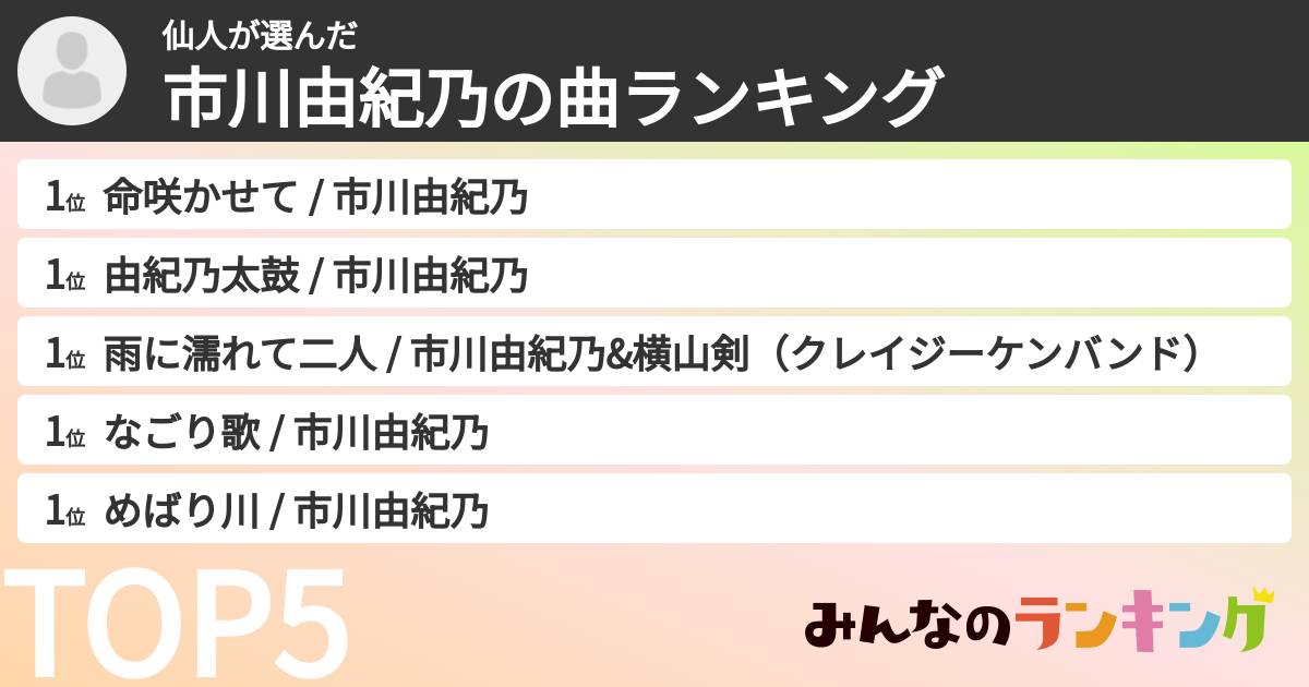 仙人さんの「市川由紀乃の曲ランキング」